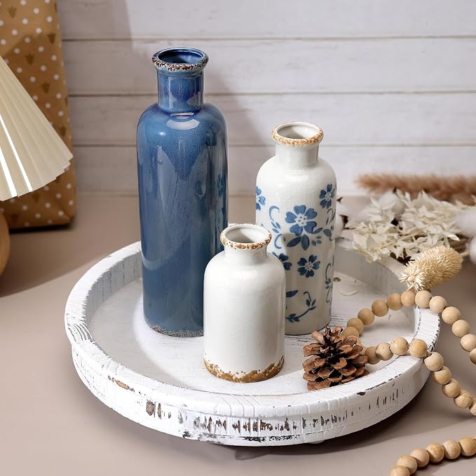 Ceramic Vases Set of 3, Blue and White Vintage Flower Vase for Farmhouse Shelves, Rustic Vase for Table Bookshelf, Living Room Decorative