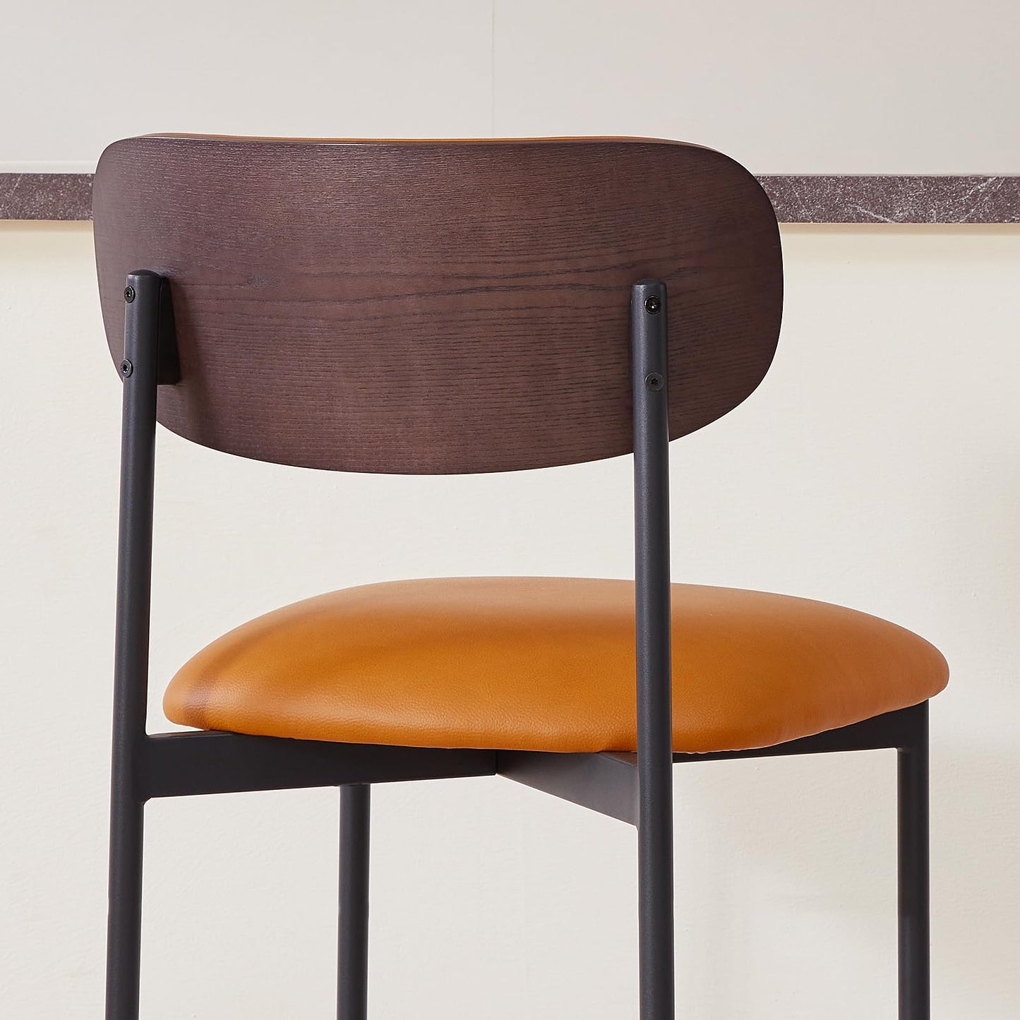 GrandNoor Modern Bar Stools Set of 2, 24 Inch Upholstered Brown Faux Leather Counter Height Stools with Curved Backrest & Metal Legs, Wood Grain Back Bar Chairs for Kitchen Island