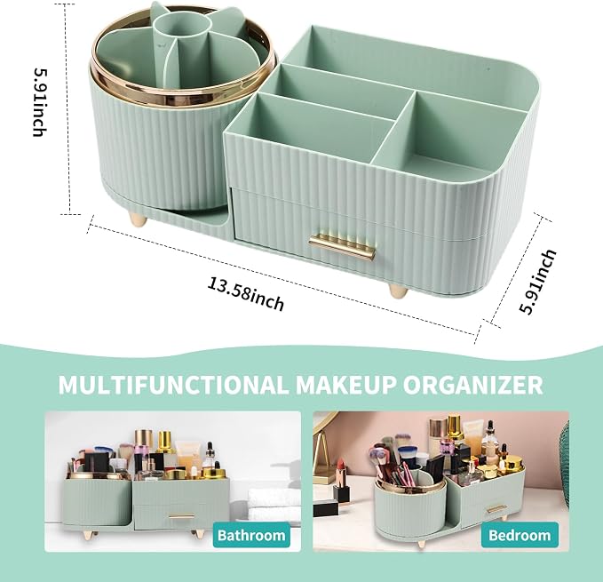 Makeup Organizer Countertop with Drawer 360 Rotating Brush Holder Storage Large Capacity Skincare Cosmetic Display Cases for Vanity Bathroom Desktop, Model 3016 Green