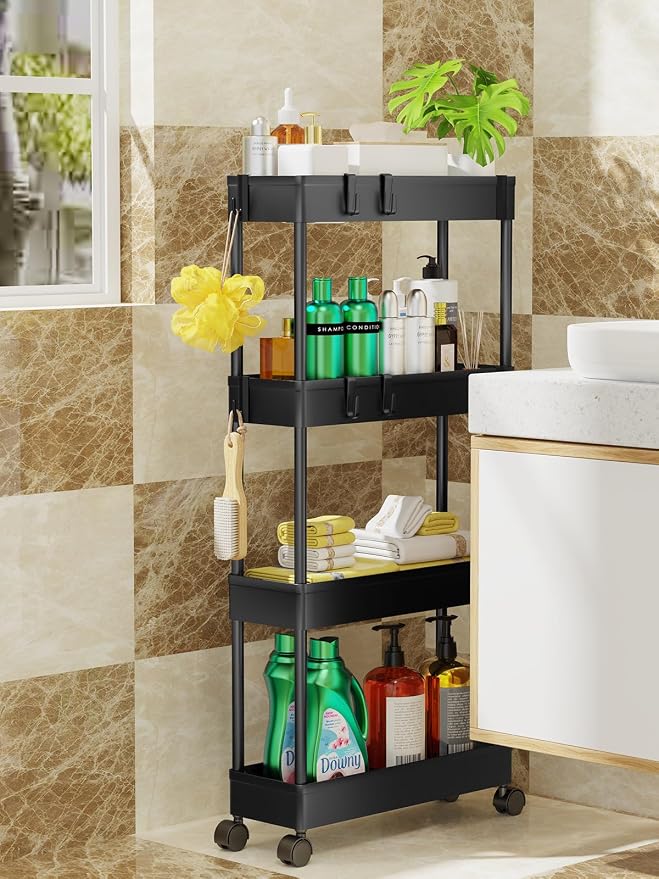 LEHOM 5.1Inch Slim Storage Cart - 4 Tiers Bathroom Organizer Mobile Shelving Unit Storage Rolling Utility Cart Slide Out Organizer for Kitchen Bathroom Laundry Narrow Places, Black U4