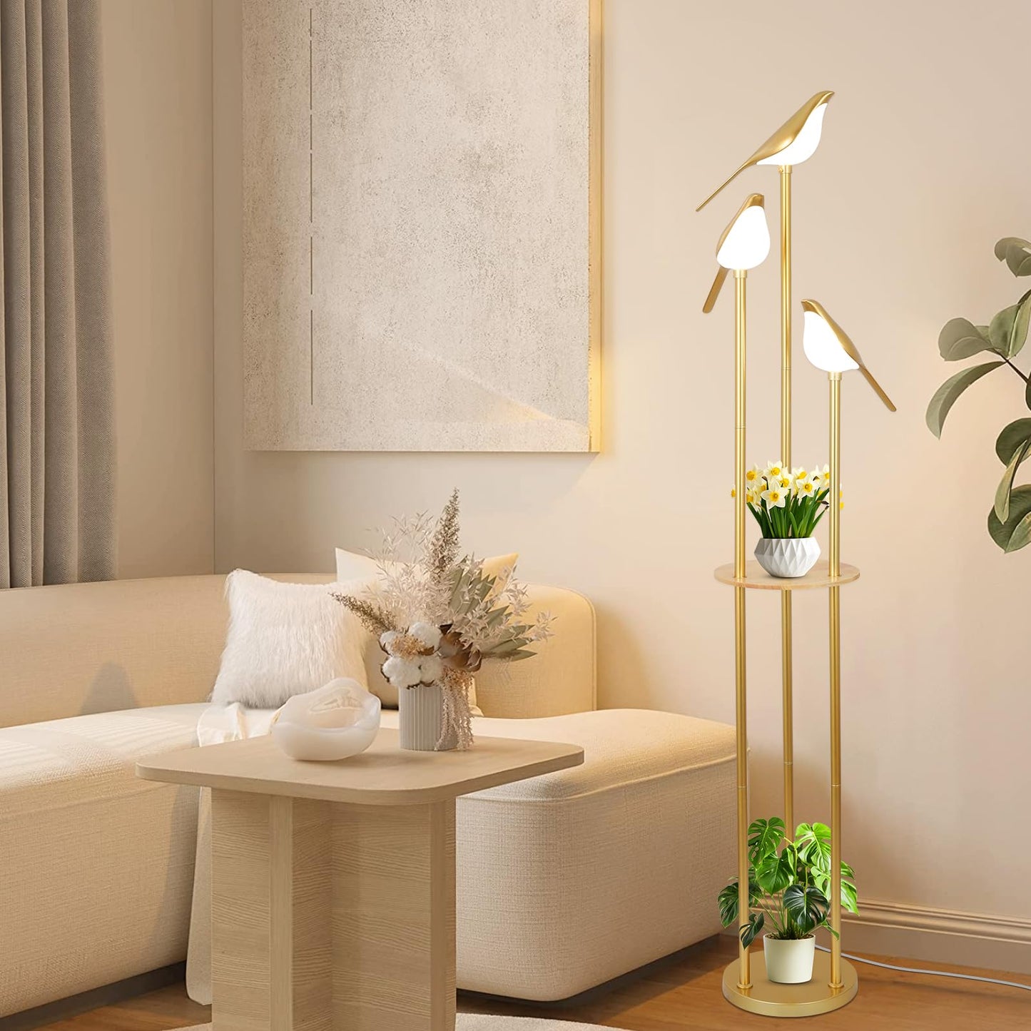 Gold Floor Lamps for Living Room, Modern Floor Lamp with Shelves, Mid Century Standing Lamp with 3 Adjustable LED Bird Lights, Corner Tall Lamp with Table, Brass Stand up Lamp for Bedroom Kids Room