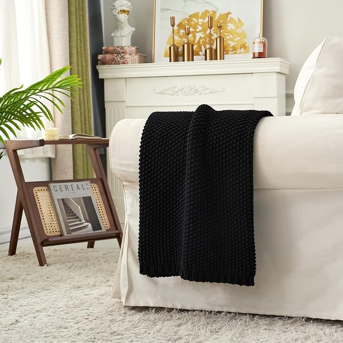 Longhui bedding Chunky Cable Knit Throw Blanket Lightweight Black 100% Organic Cotton Blanket for Sofa Couch Bed Baby Nursery, Rustic Shabby Chic Modern Farmhouse, 60” x 80” Give Laundering Bag