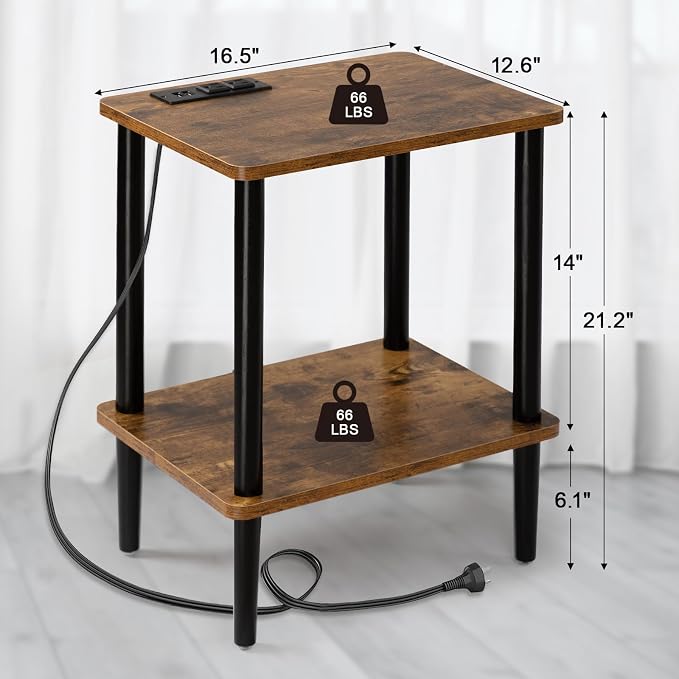 FORAOFUR End Table with Charge Station, Small End Tables Living Room, Nightstand with 2 Tier Storage Shelves for Small Spaces, Living Room, Bedroom, Sofa End Table Rustic Brown
