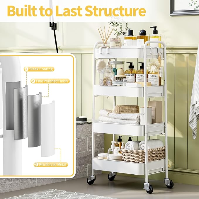 TOOLF 4-Tier Rolling Cart - Metal Storage Organizer with Lockable Wheels, 44 lbs Per Shelf Capacity, Tool-Free Assembly, for Kitchen Bathroom Office Laundry Room Nursery, White