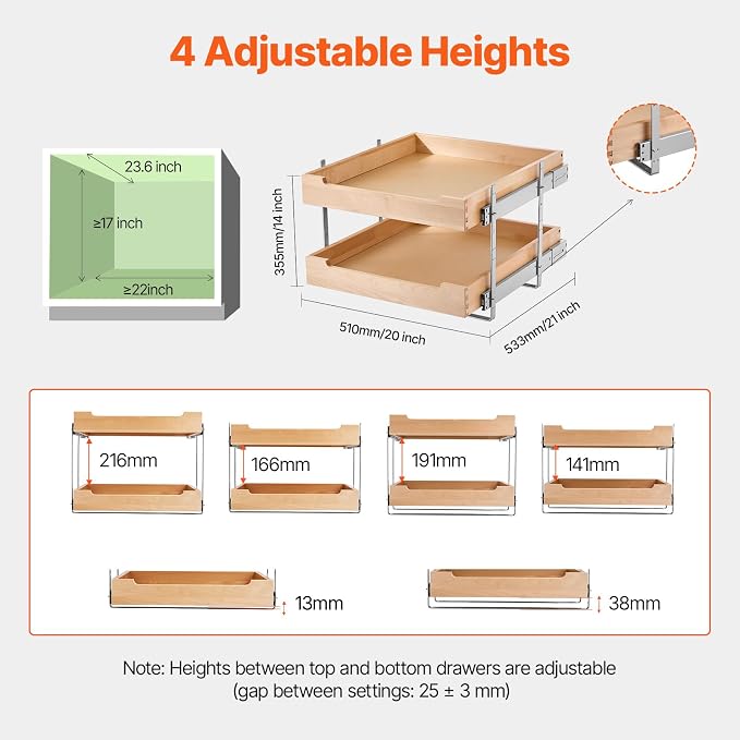 VEVOR 2 Tier Pull Out Cabinet Organizer, 20" W x 21" D Cabinet Drawer, Soft Close Slide out Shelf, Heavy-Duty Sliding Wood Drawer, Adjustable Base Cabinet Organization for Kitchen Pantry Bathroom