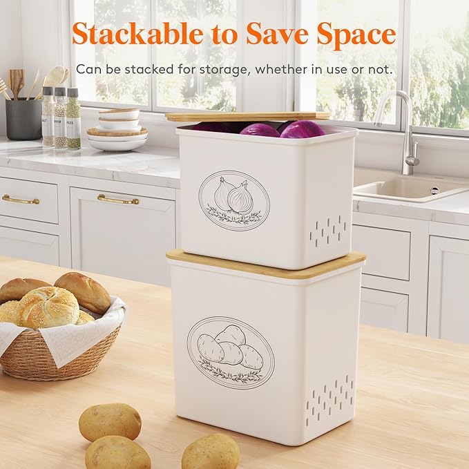 Lifewit Plastic Potato and Onion Storage Bin, Stackable Garlic Keeper with Aerating Holes and Lid, Vegetable Container Box for Pantry Countertop, White, 24 x 18 x 24 cm/9.5 x 7 x 9.5 inch, Set of 2