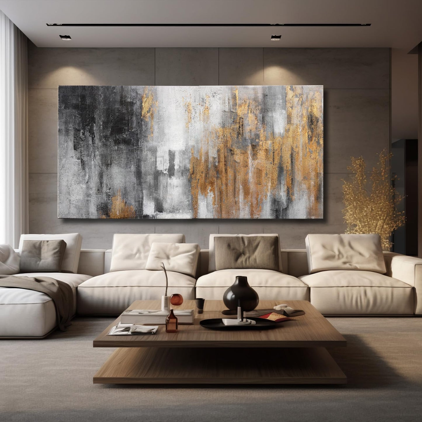 YJYart Abstract Canvas Wall Art with Gold Foil Modern Black Oil Paintings Graffiti Wall Art for Living Room Bedroom Kitchen Office Wall Decorations 30" x 60"