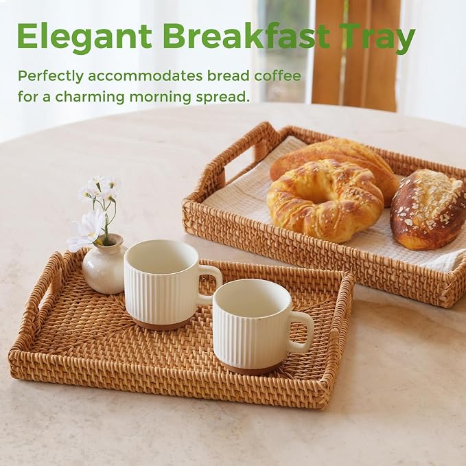 Rattan Serving Tray with Handles, Natural Woven Wicker Tray, Rattan Serving Rectangle Wicker Trays for Decor Coffee Table Breakfast (14.5" × 10")