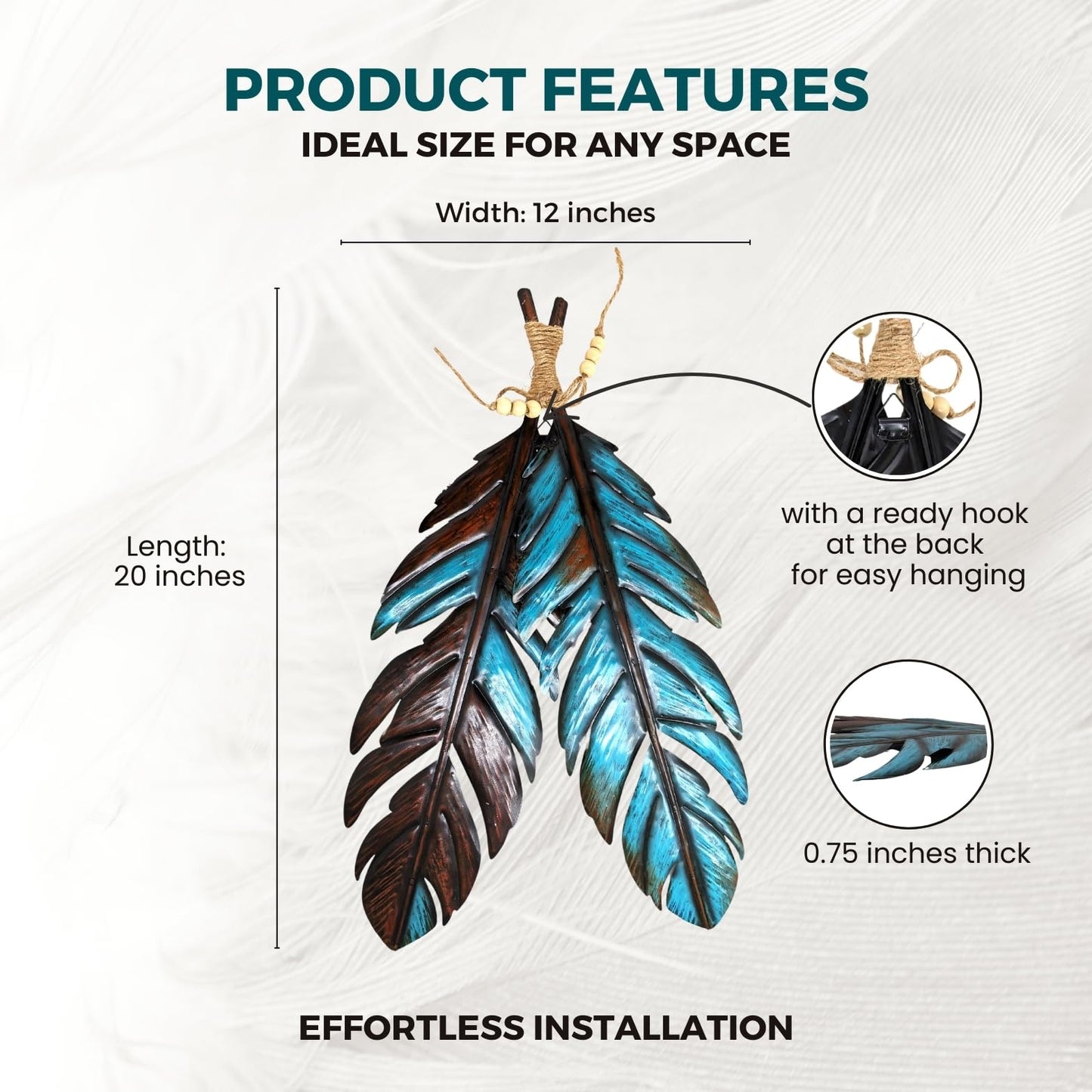 Rustic Metal Feathers Wall Hanging Décor - Southwest Boho Chic, Rustic, Nature-Inspired, and Spiritual Home Decoration - Metal Wall Art for Living Room, Bedroom, Office - 12x20 Inches