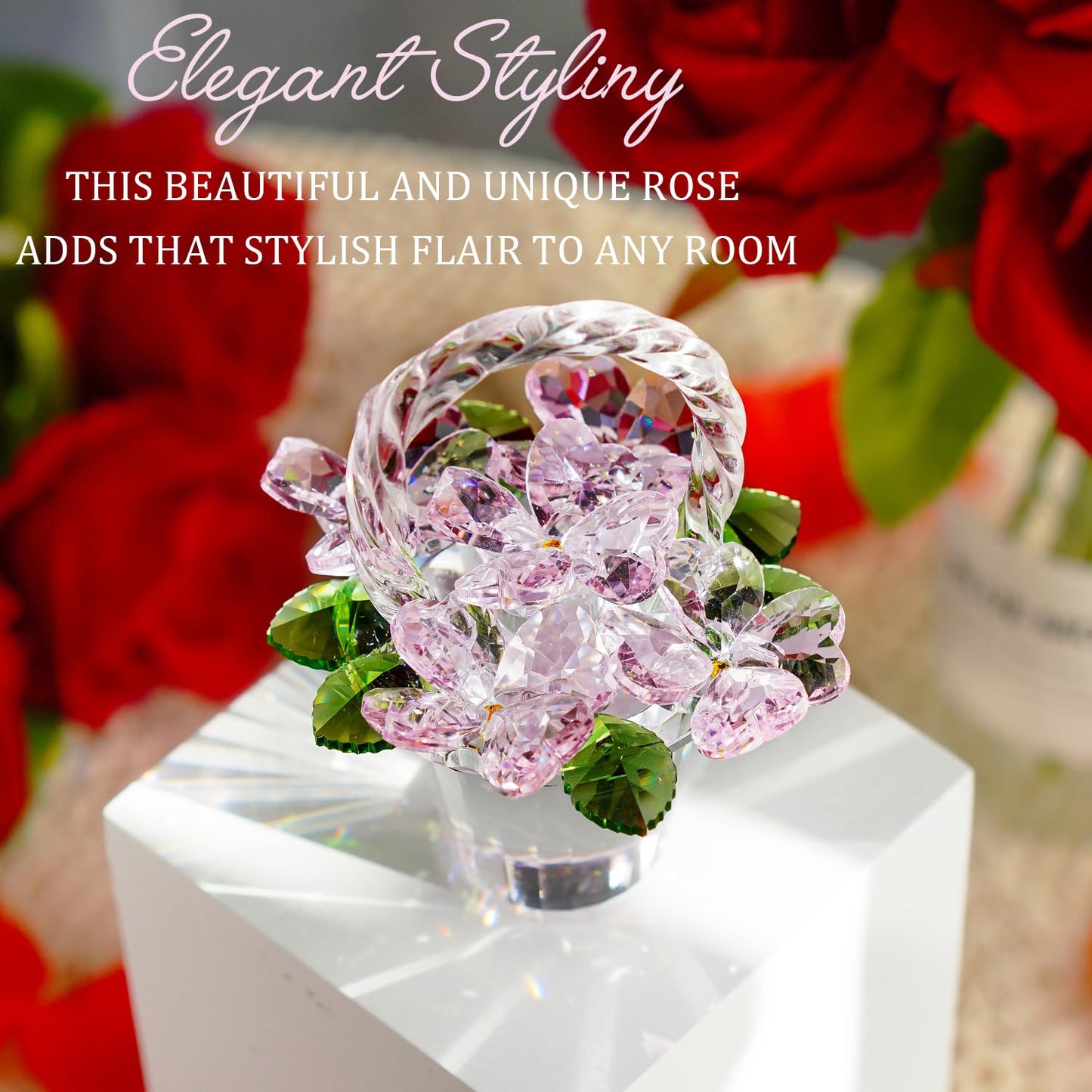 H&D HYALINE & DORA Crystal Pink Flower Basket Figurine,Crystal Gifts for Women, Glass Flower Collectible Figurines for Home Wedding Christmas Decor(with 5 Flowers)