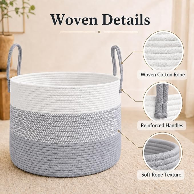 JMvicyroam 115L Extra Large Blanket Basket for Living Room - Woven Cotton Rope Laundry Hamper with Reinforced Handles - Storage Bin for Pillows, Comforters & Toys - Machine Washable,White&Grey Mix