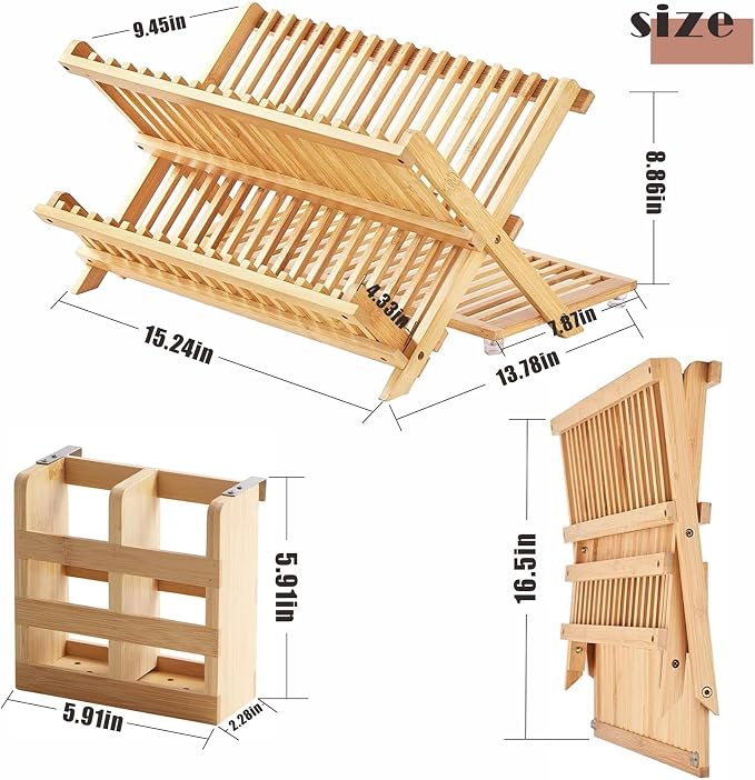 Bamboo Dish Drying Rack with Utensil Holder Set,3-Tier Collapsible Wood Dish Drying Rack for Kitchen,Folding Bamboo Drying Rack with Utensils Flatware Holder,Space-Saving Storage