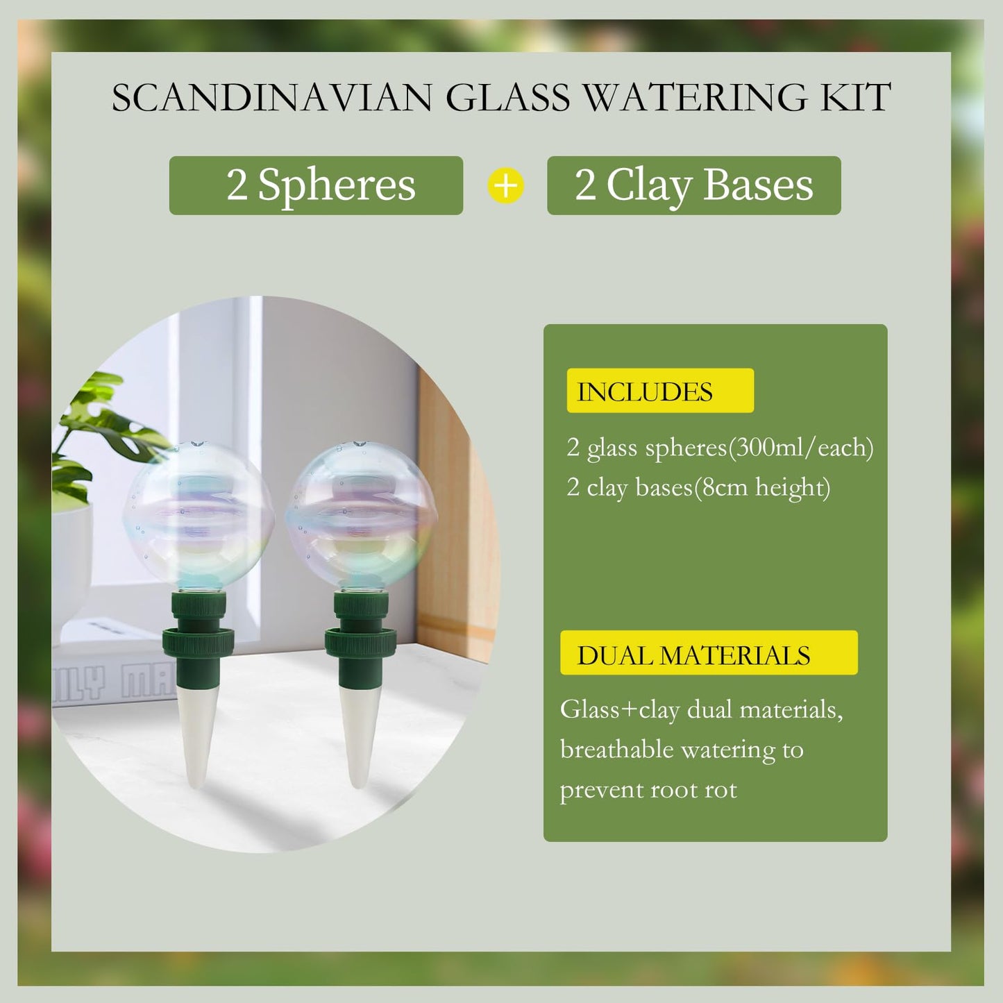 Floreevo 2 Pack Glass Self-Watering Globes for Plants, 6oz Automatic Plant Waterer Bulbs with Terracotta Slow Release Spikes, Vacation Indoor Outdoor Houseplant Watering Devices