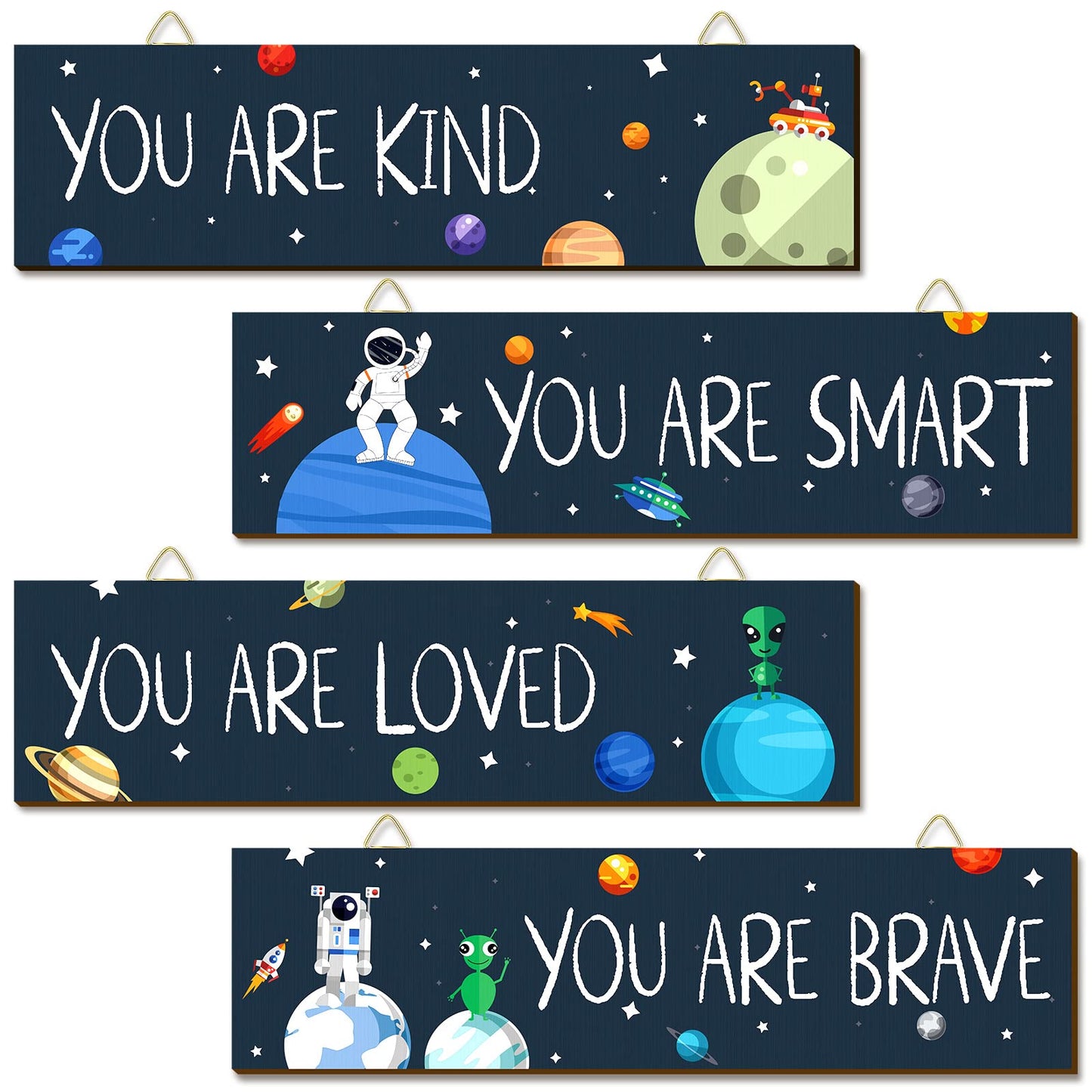 Chunful 4 Pcs Wooden Space Classroom Decor Outer Space Classroom Decorations Inspirational Wall Decor Astronaut Room Decorations Spaceman Galaxy Posters for Boy Room Bedroom Nursery