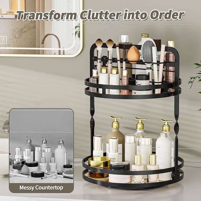 360° Rotating Makeup Organizer, 2-Tier Black Perfume Organizer for Dresser, Bathroom Organizers Countertop, Perfume Shelf with Makeup Brush Holder, Skincare Holder Cosmetic Display(Black)
