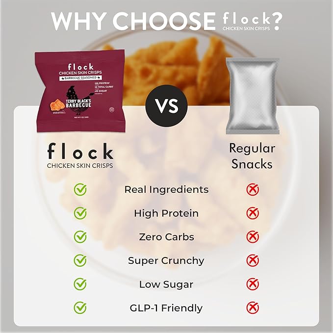 Flock Keto Chicken Skin Chips | Terry Black's BBQ Flavor | Low Carb, High Protein, Sugar Free, Gluten Free Fried Chicken Skins for People | (1oz) 8-Pack Crispy Flock Chips