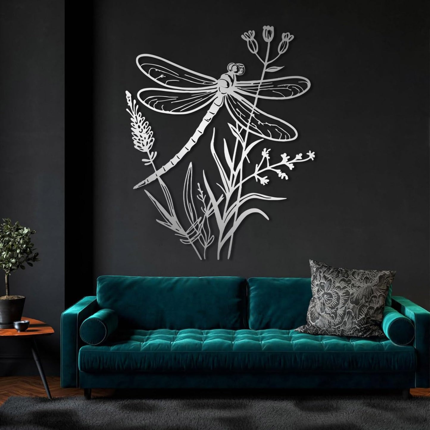 Dragonfly Metal Wall Art, Dragonfly and Flower Metal Wall Decor, Insects Wall Art, Large Dragonflies Wall Hanging, Wild Flower Wall Sculpture, Rustic Farmhouse Decorations (Black, 19"x15"/47x38cm)