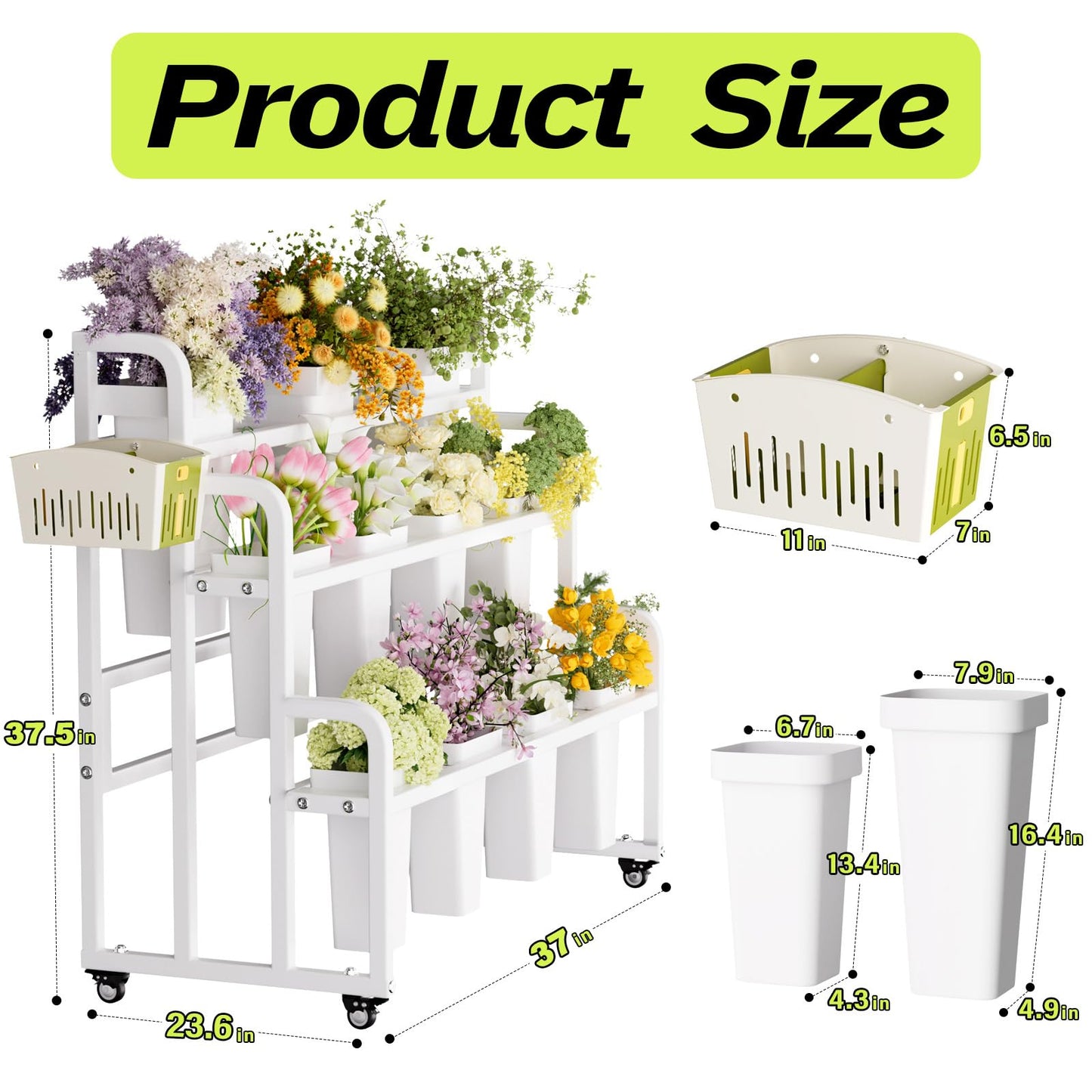 GVRVHJS Flower Display Stand with 11 Buckets, Moving Florist Bouquet Shelf, Upgrade 360° Swivel Wheels and Brake, Flower Cart 3 Layers for Indoor, Outdoor Patio Garden, Living Room, Florist (White)