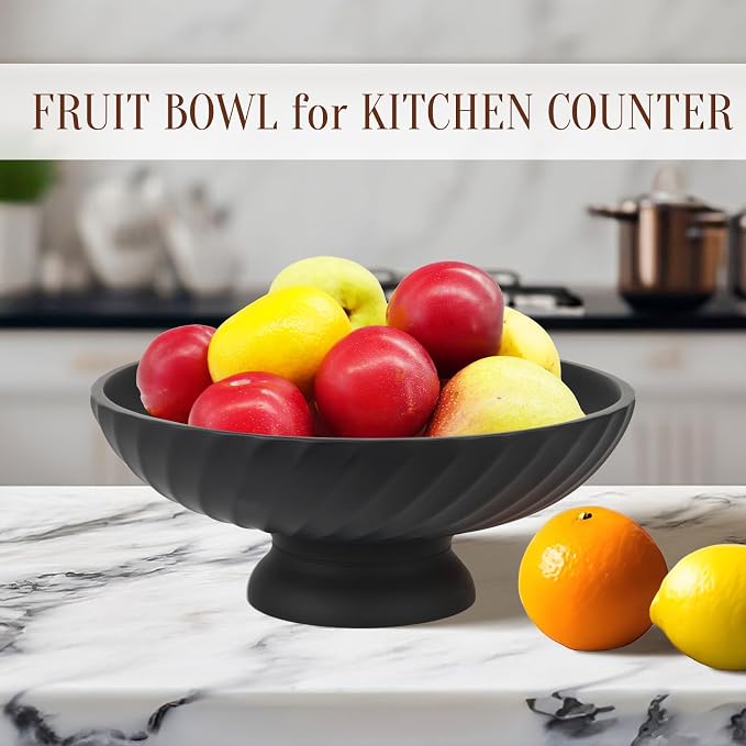 Deobath Large Resin Pedestal Decorative Bowl - Modern Fruit Bowl for Kitchen Counter - Handicraft Bowls for Home Decor - Key Bowl for Entry Table,Matte Black