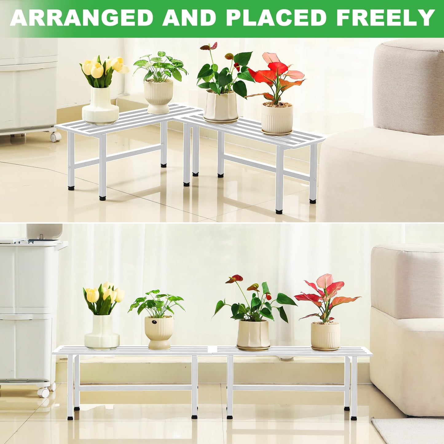 Dipion 2 Pack Metal Plant Stand Outdoor Plant Shelf Indoor,1 Tier Heavy Duty Plant Stands for Multiple Plants,26" L x 10.12" H x 8.75" W,White