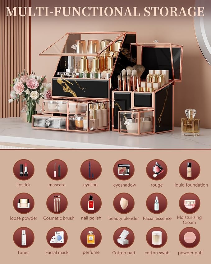 CoralHouse Black Glass Makeup Organizer with Lid, 3-Piece Vanity Organizer with Gold Frame, Cosmetic Display Case for Skincare, Perfume, Lipsticks, Brushes, Bathroom Countertop & Dresser