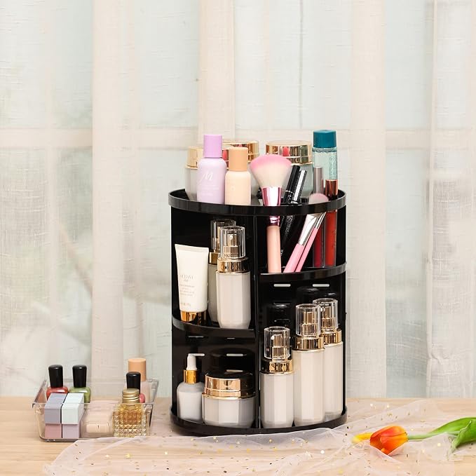 Cq acrylic Rotating Makeup Organizer for Vanity,Adjustable Spinning Organizer and Make up Organizers for Counter,Lazy Susan Bathroom Organizer for Beauty Product,Skin Care,Perfume Organizer,Black