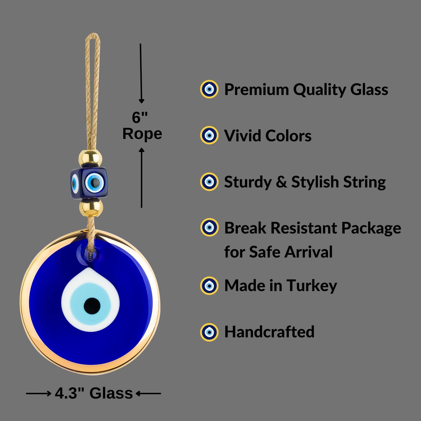 BCS Blue Evil Eye Wall Decor Gold Border Design 4.3" Glass Evil Eye Hanging Ornament for Home, Office, Garden, Door Turkish Greek Handmade Nazar Amulet Good Luck and Protection Charm - Ojo Turco