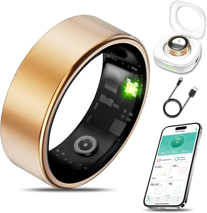 Smart Health Ring for Women Men Fitness Tracker with Heart Rate, Blood Oxygen, Blood Pressure, Sleep Monitoring, Step Counting, IP68 Waterproof for iPhone and Android, No Subscription Fee, Gold 10#