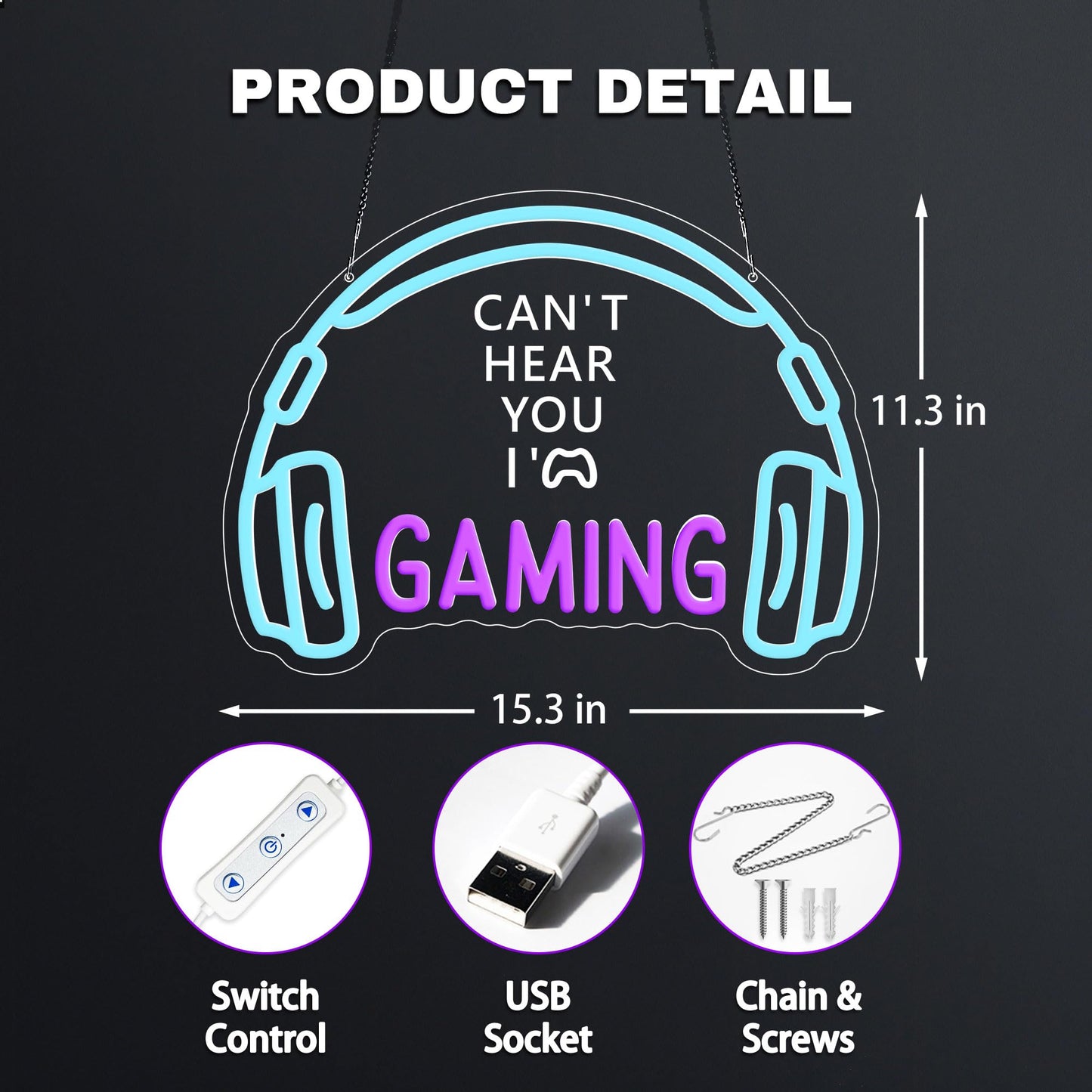 Gaming Neon Signs, Dimmable LED Headset Gamer Neon Light for Wall Decor, USB Powered, Headphone Game Light up Signs for Game Zone Video Room Boy Bedroom Teen Men Cave Wall Art, Gamer Gifts