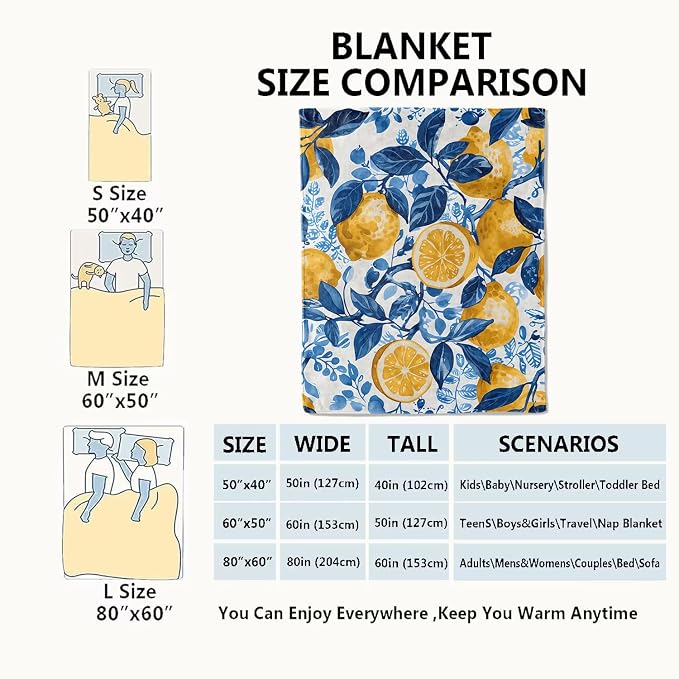 Lemon Blanket Fresh Citrus Fruit Throw Blankets with Blue Leaves,Birthday Gifts for Girls Boys Women & Food Lovers,Lightweight Soft Fleece,for Sofa Couch Bed Room Summer Decor 40x50in