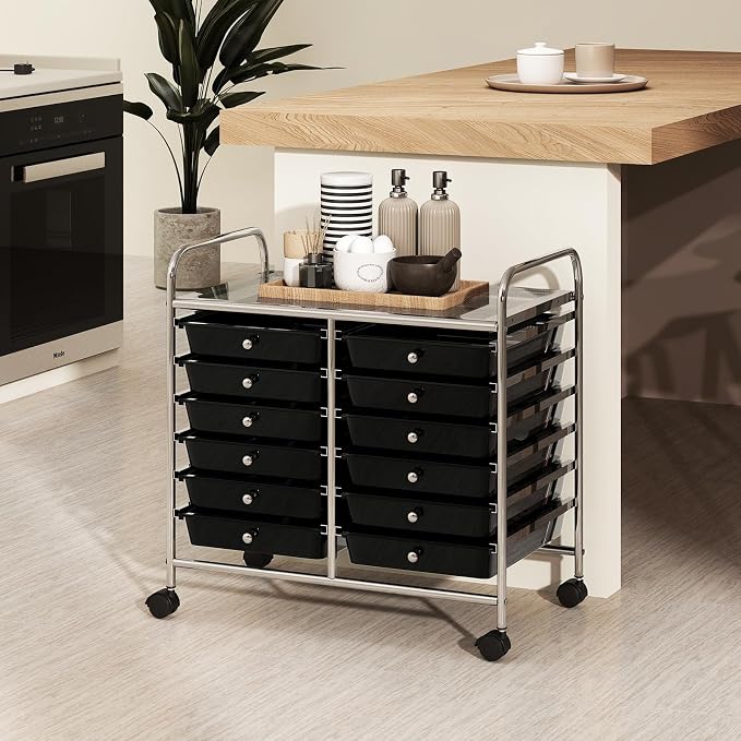 COSTWAY 12-Drawer Rolling Storage Cart, Utility Storage Organizer Cart for Tools, Scrapbook, Paper, Craft, Multipurpose Art Supply Organizer on Wheels for Home Office School, Teacher, Black