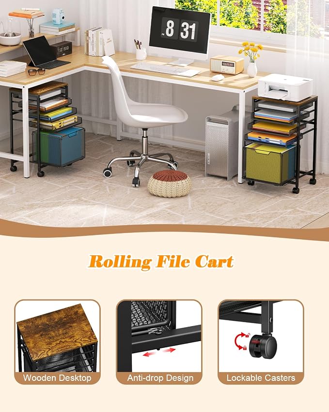 Feyejade Compact 5-Tier Rolling File Cart, Under Desk Metal Filing Cabinet | Printer stand top, sliding mesh trays for binder, letter size file storage, organizer for teachers and home office