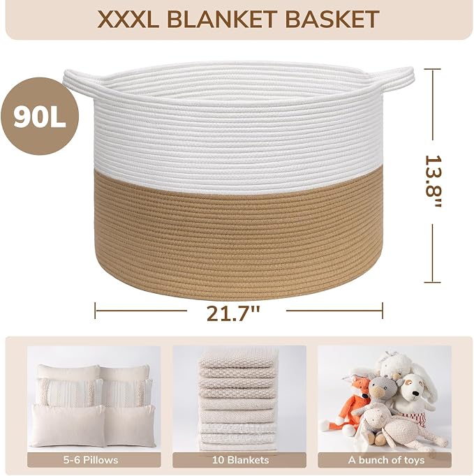 INDRESSME XXXLarge Jute Rope Basket 21.7" x 21.7" x 13.8" Woven Baby Laundry Baskets for Blankets Toys Storage Basket with Handle Comforter Cushions Storage Bins Thread Laundry Hamper