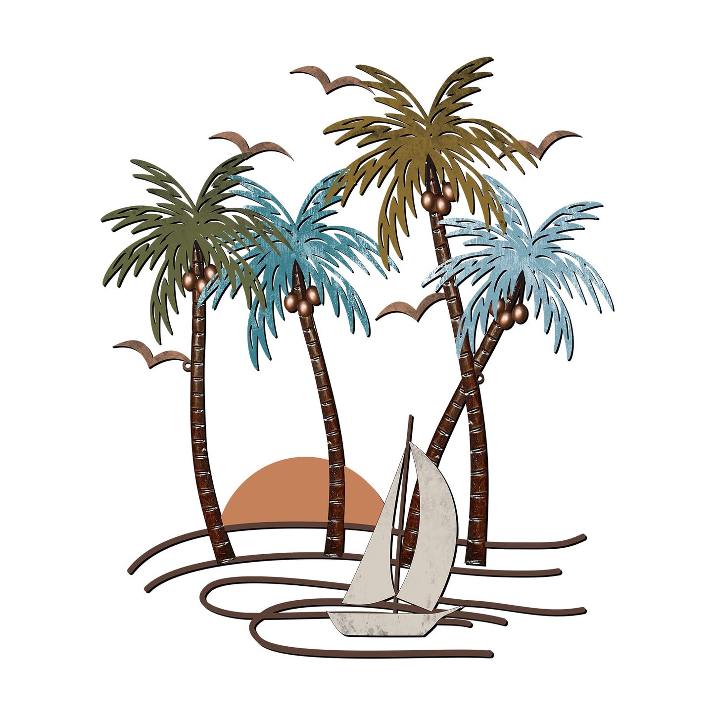 Shimeyao Coastal Metal Wall Art Palm Tree Metal Wall Art Outdoor Beach Bathroom Decor Tropical Tree Sculptures for Indoor Outdoor Decor(Sailboat)