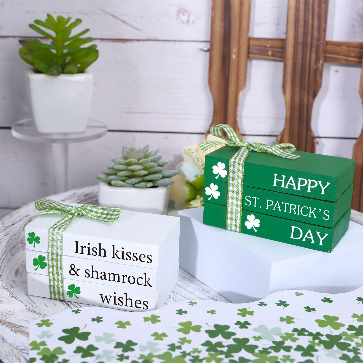 Whaline Mini Happy St. Patrick's Day Wooden Books Stack with Ribbon 2Pcs Shamrock Faux Books Bundle Green White Stacked Books Tabletop Centerpieces for Irish Farmhouse Tiered Tray Entryway Home Decor