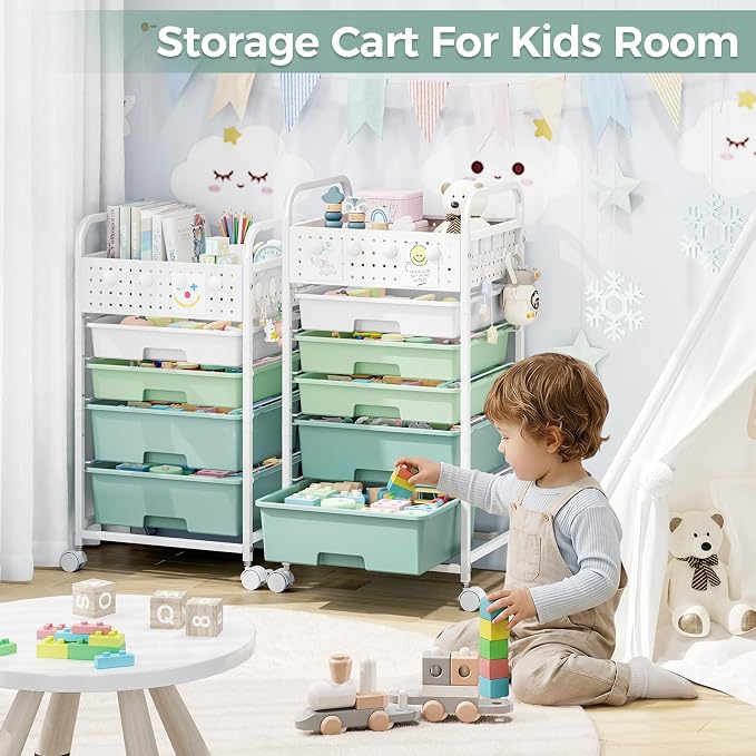 5 Drawer Rolling Storage Cart with Pegboard Top and Hooks, Mobile Organizer Cart with Wheels for Office Supplies, Craft Storage, Classroom Organization, Home Utility Cart, Gradient Green