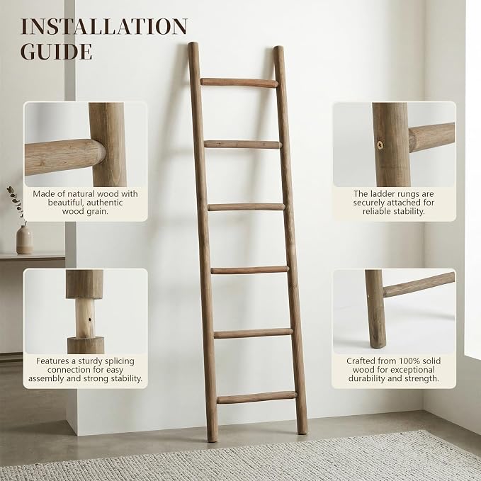 Wooden Blanket Ladder - 76in Natural Wood Color- Leaning Wall Decor for Bedroom, Bathroom, Living Room - Rustic Quilt Holder (Natural Wood Color (Knock Down), 76in | Knock Down)