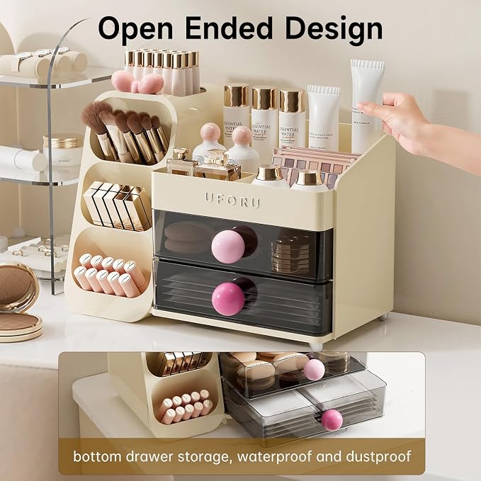 UFORU Makeup Organizer for Vanity with Brush Holder, Large Capacity Bathroom Countertop Skincare Organizer with 2 Drawers, Cosmetic Display Case for Perfumes, Eyeshadow Palettes, Nail Polishes