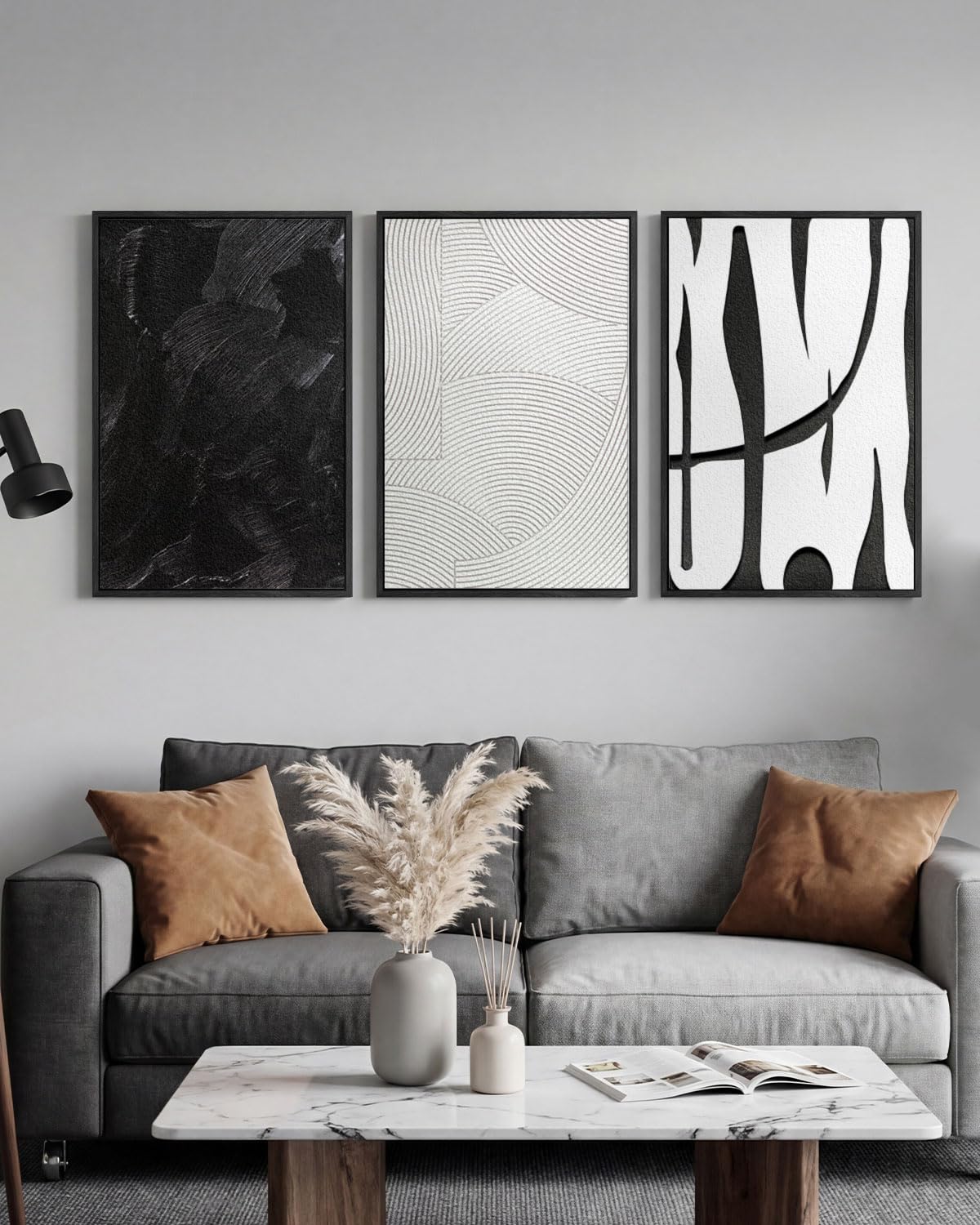 Modern Textured Wall Art Triptych, Mixed Technique Wall Panels Carved and Layered Sandstone Designs, Black White Abstract Geometric Wall Decor, Solid Wood Framed Sculptural Decor 24x36 Each