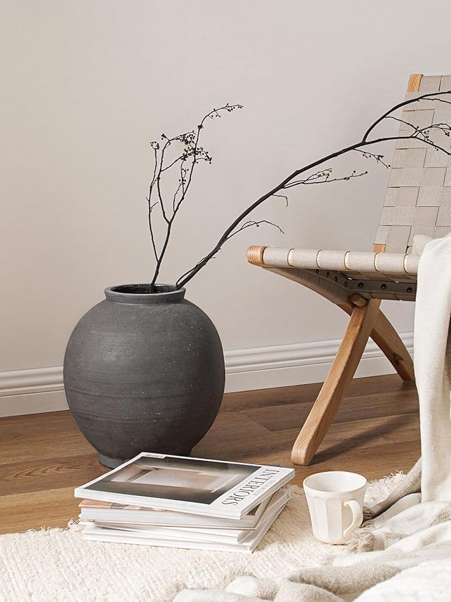 Black Ceramic Vase - Large 12.5 Inch Round Floor Vase for Centerpieces, Farmhouse Flower Vases, Rustic Minimalist Home Decor,Sandstone Dark Grey