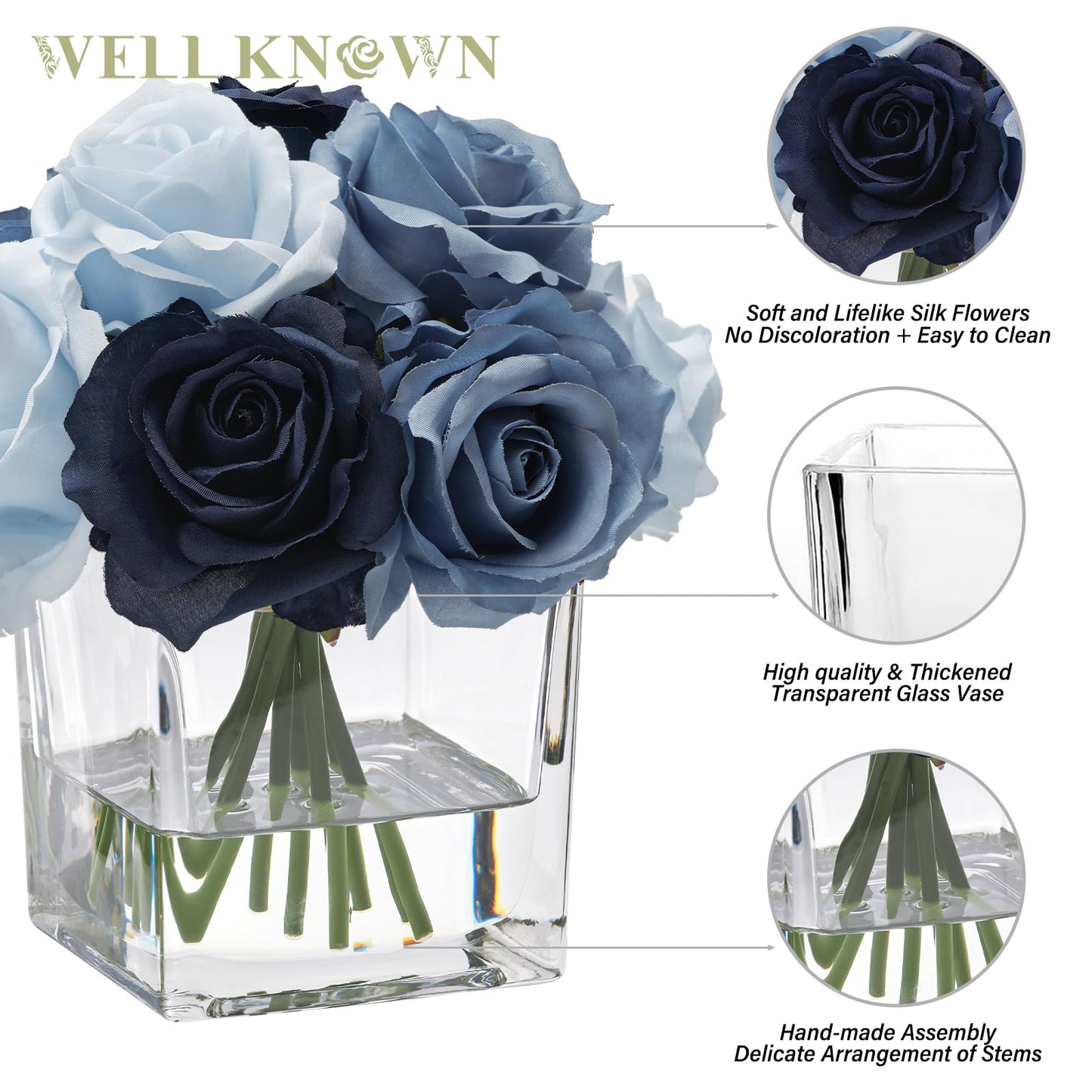 WELL KNOWN Rose Artificial Flowers in Vase with Faux Water, Silk Rose Table Centerpieces for Home Coffee Table Decor, Fake Roses Flower Arrangements for Office Hotel Lavatory Decor (Blue)