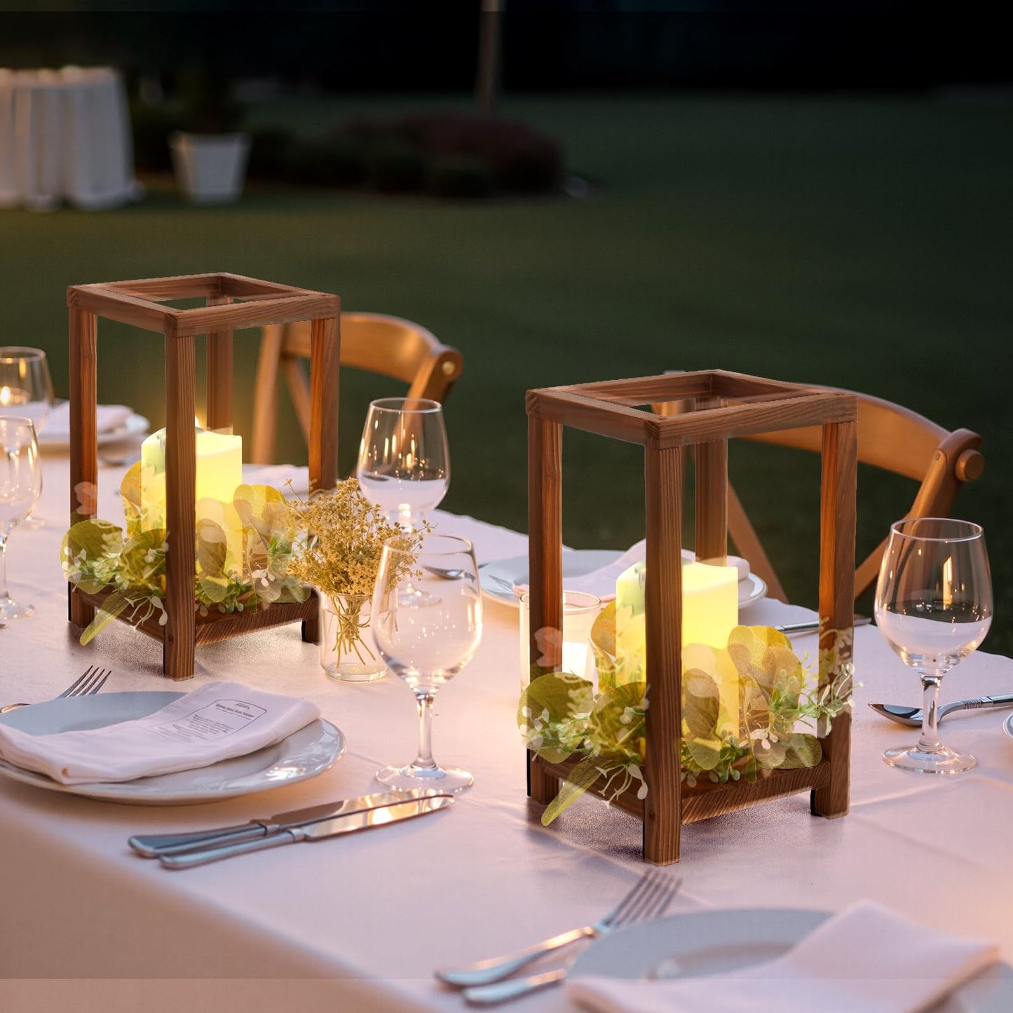 VEVOR 12 Set/36 Pcs Wooden Wedding Lantern Centerpiece, Includes 12 Wooden Lantern Candle Holder 12 Flameless LED Candle 12 Eucalyptus Leaves Wreath for Wedding Table Party Farmhouse Decor, Brown