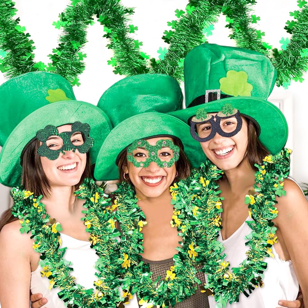 33 Ft St.Patrick's Day Tinsel Garland, Shiny Thick Green Garland with Shamrock Designs Irish Holiday Party Clover Hanging Decorations for Saint Patrick's Day Home Indoor Outdoor Party Decor