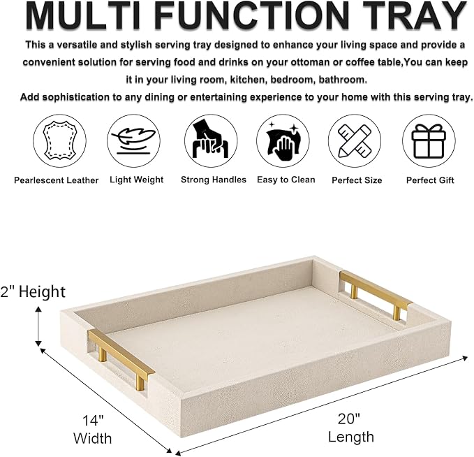 Beige Faux Leather Serving Tray with Handles – Large Decorative Tray for Coffee Table, Ottoman, Living Room, Bathroom – Home Decor