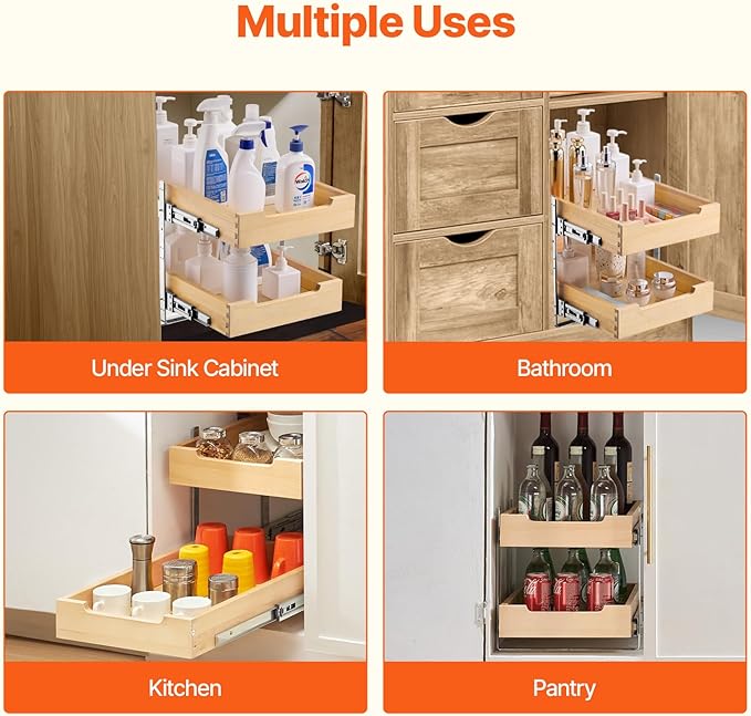 VEVOR 2 Tier Pull Out Cabinet Organizer, 14" W x 21" D Cabinet Drawer, Soft Close Slide out Shelf, Heavy-Duty Sliding Wood Drawer, Adjustable Base Cabinet Organization for Kitchen Pantry Bathroom