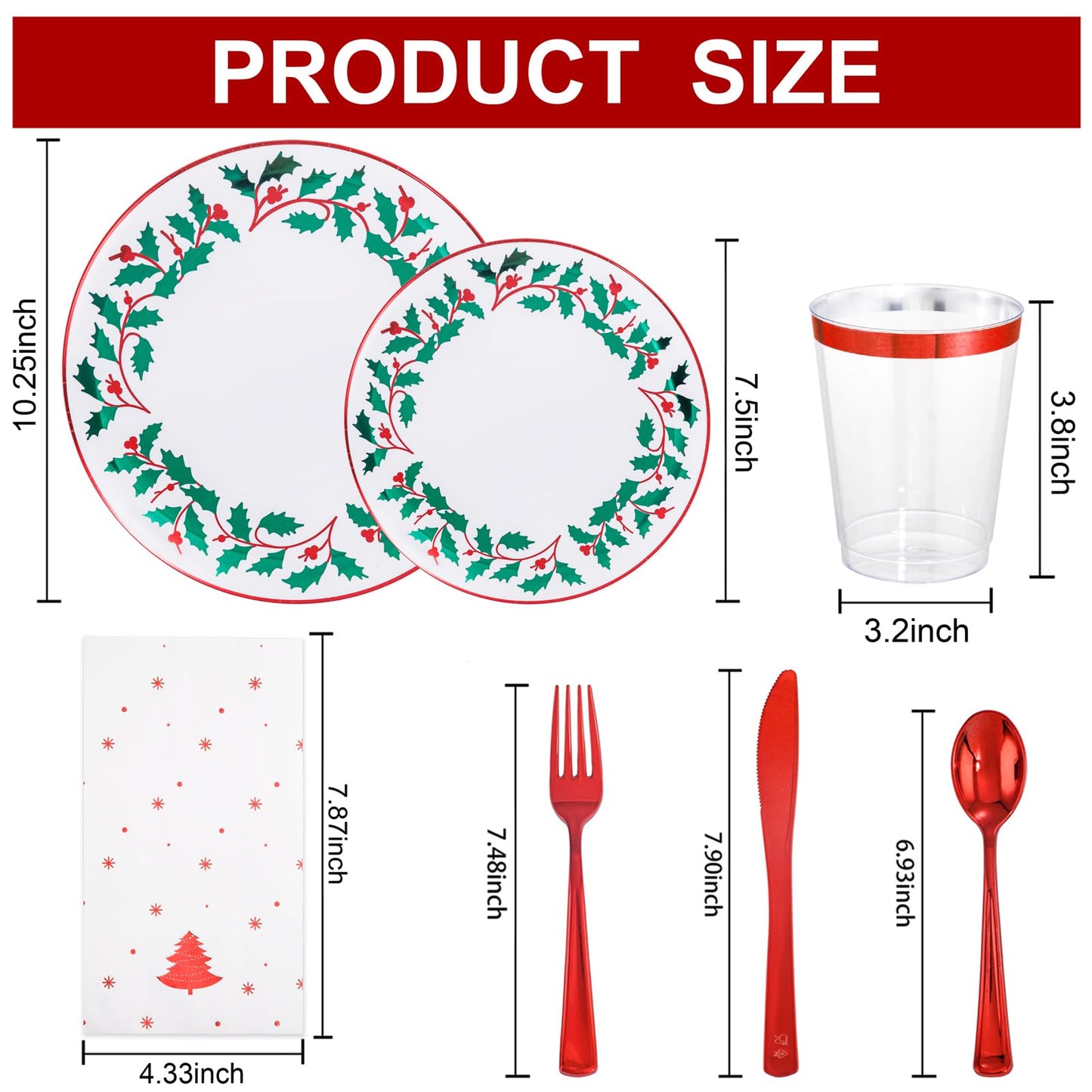 WDF 175Pcs Disposable Christmas Plates & Napkins - 25 Dinner & Dessert Plates, 25 Utensils, 25 Cups, 25 Christmas Napkins