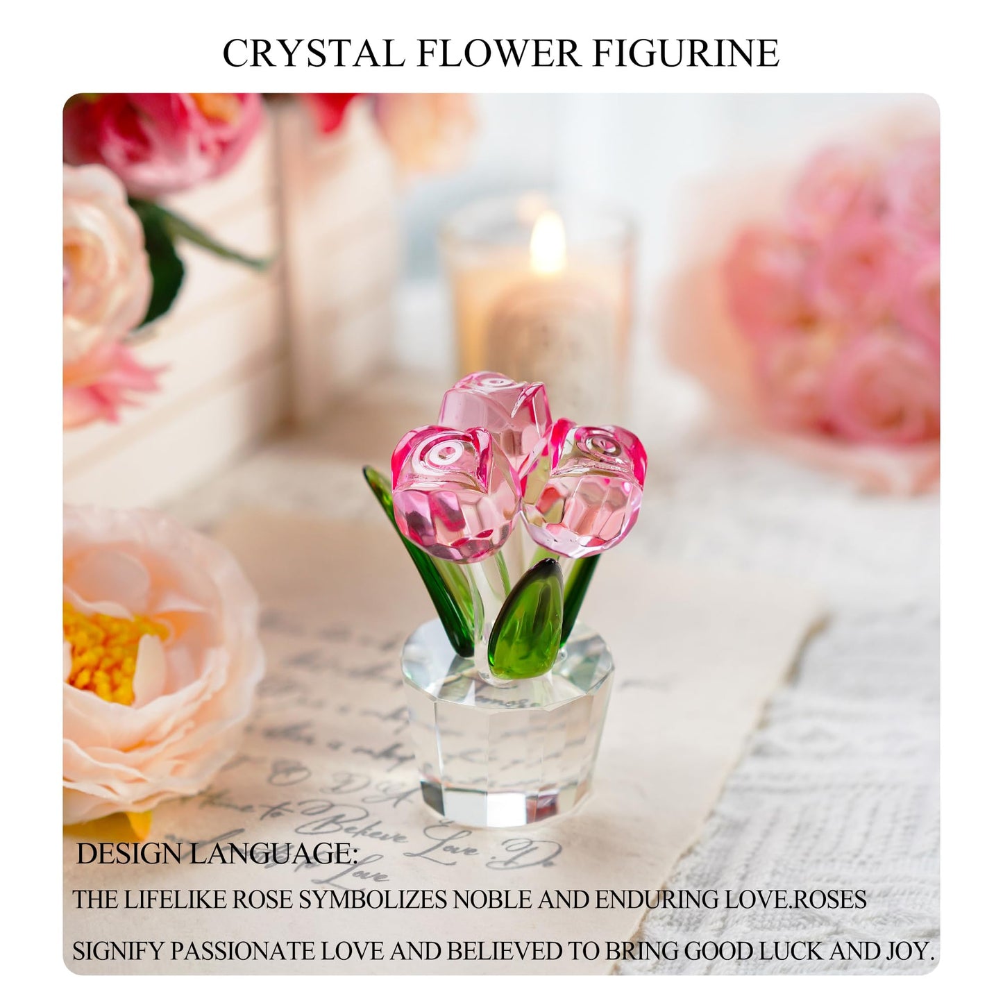 KRISININE 3.2 * 2in Crystal Pink Rose Flower Figurine Romantic Gifts for Wife Girlfriend Mom on Birthday Wedding Home Decorations