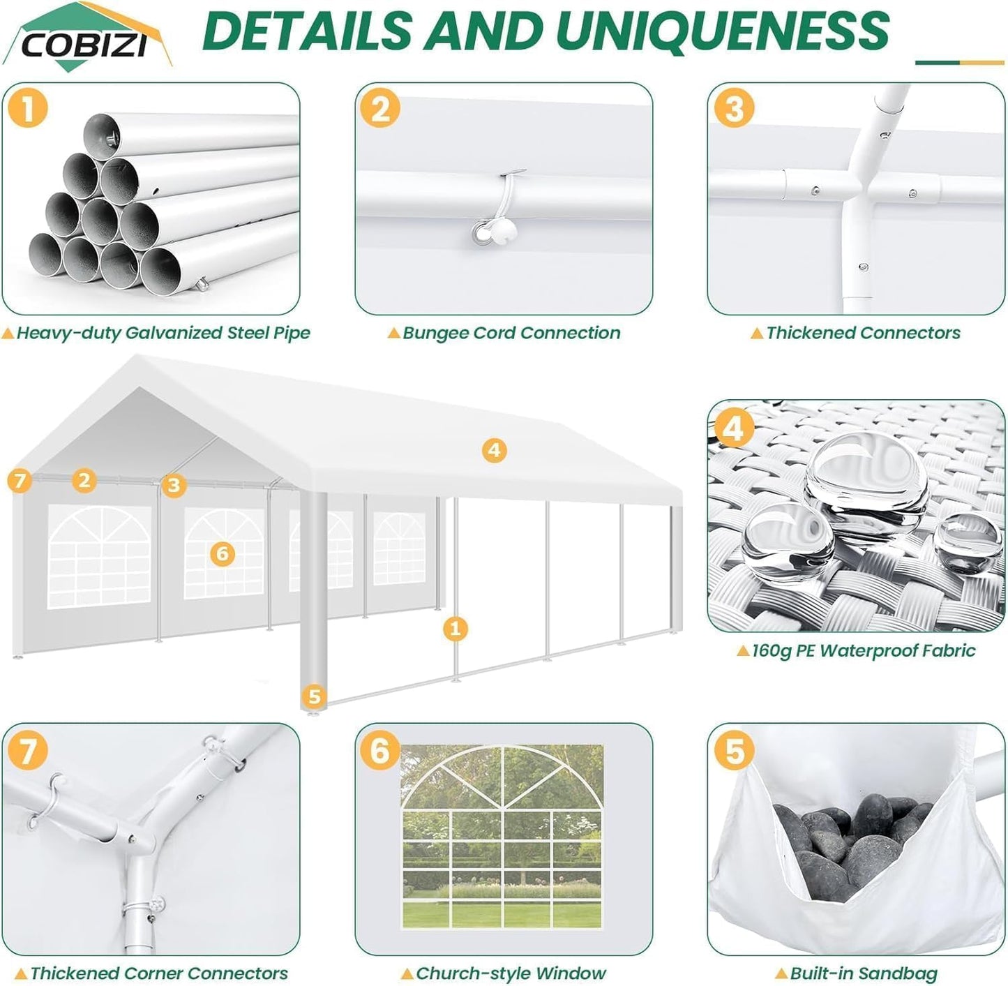 COBIZI 13x26 Outdoor Party Tent Heavy Duty Waterproof Canopy Shelter with 8 Sidewalls & 10 Church Windows, White Powder Coating, Built-in Sandbag Commercial Event Tents for Parties BBQ Patio Wedding