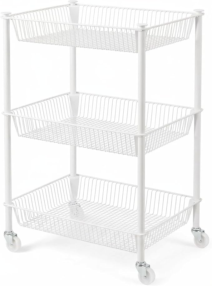 Kitchen Storage Cart for Fruit Vegetable 3 Tier Utility Cart with Wheels, White Rolling Pantry Floor Organizer Onion Potato Storage, Metal Wire Basket Stand Snack Shelf Home Organization