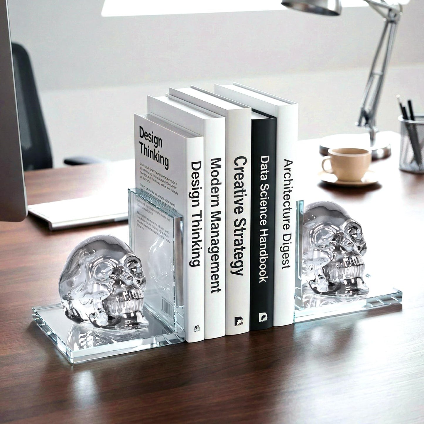 Skull Bookends Set of 2 – L Shaped Crystal Skull Decorative Bookends, Heavy Duty Non-Slip Book Ends for Shelves, Office and Home Decor